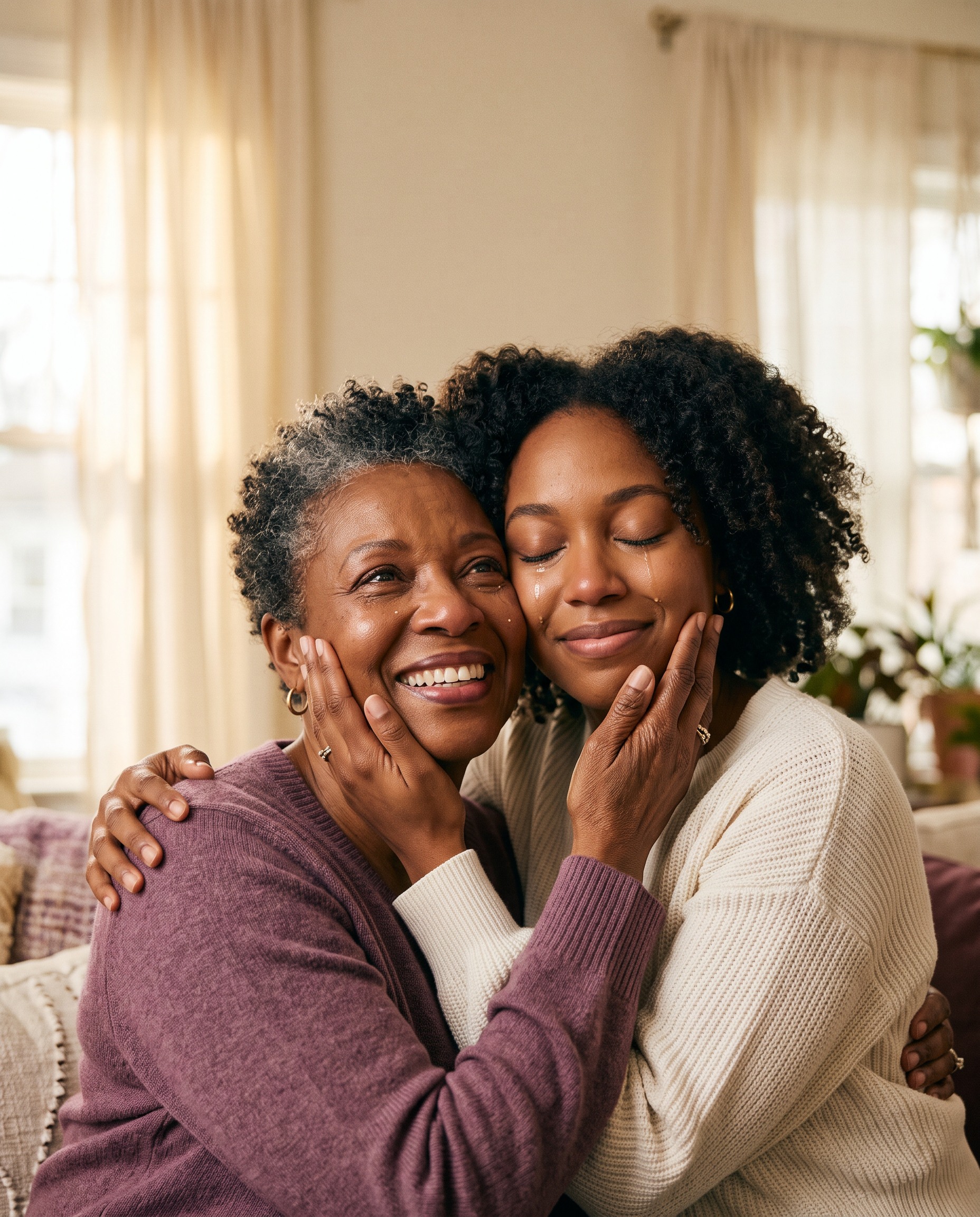 A mother and her grown daughter embracing, smiling through happy tears