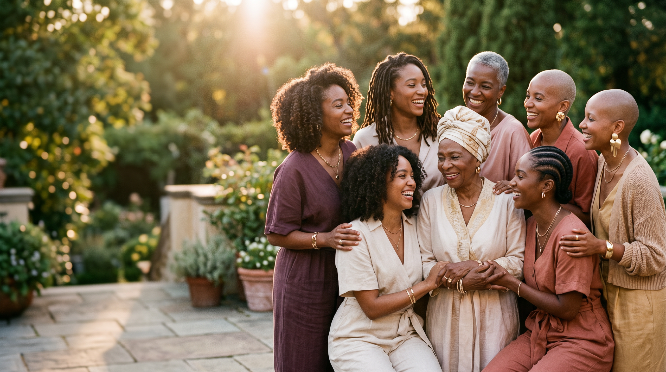 Women celebrating together outdoors at golden hour