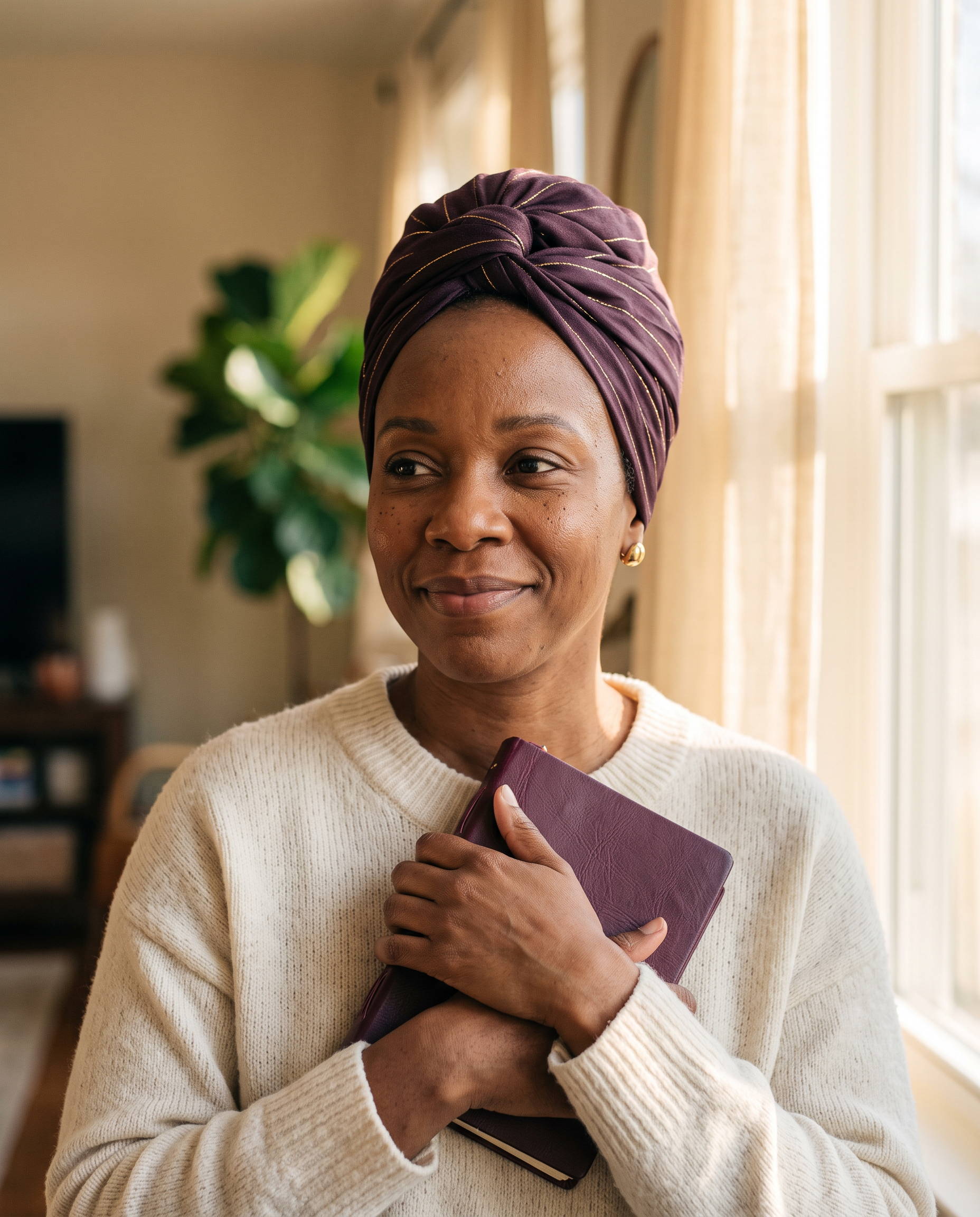 A woman smiling warmly in soft window light