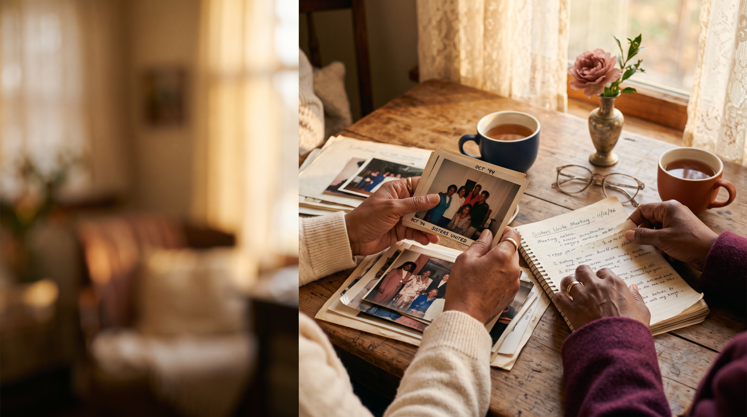 Two women looking back through photographs and notes together