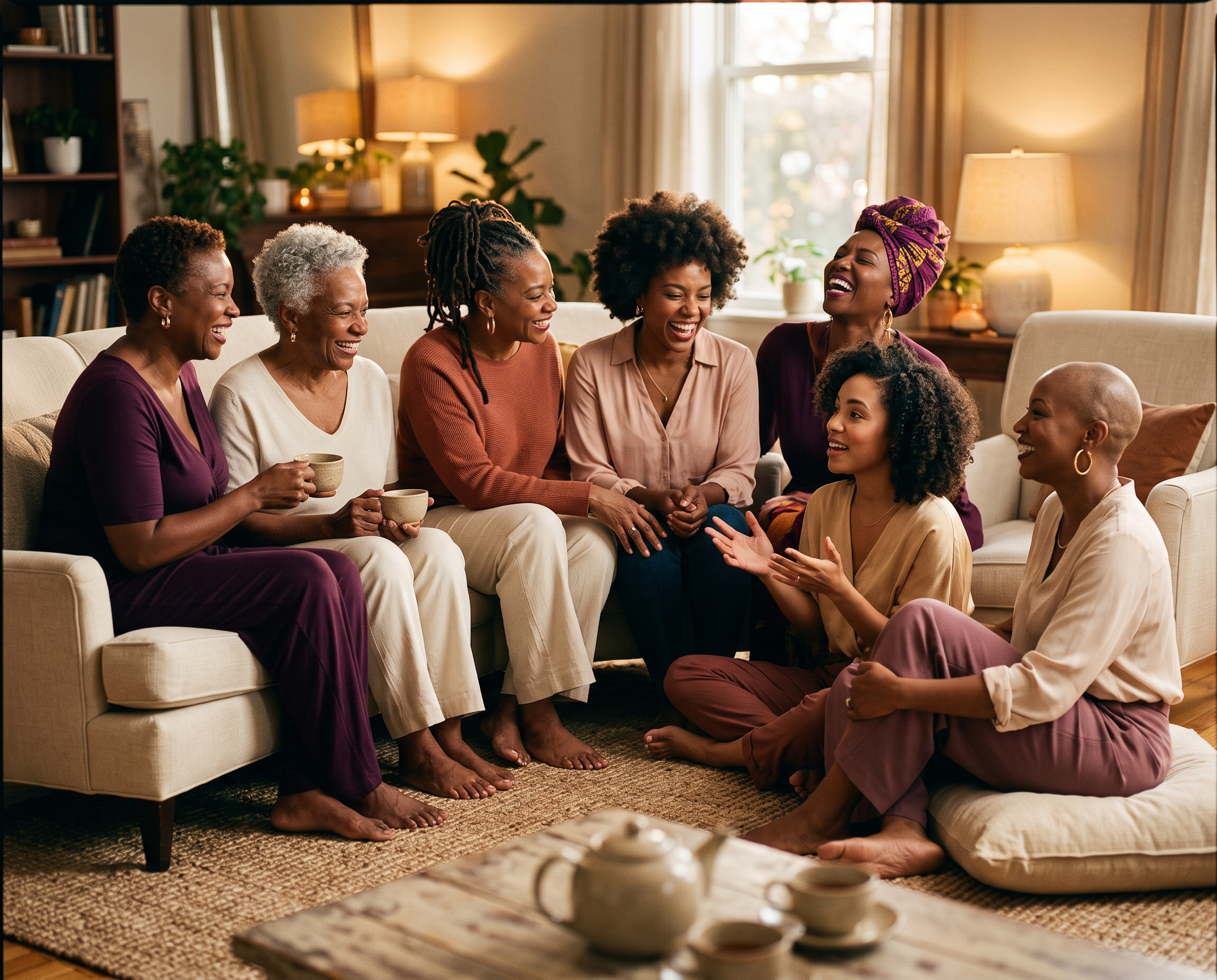 Women seated together in a warm living room, laughing and talking