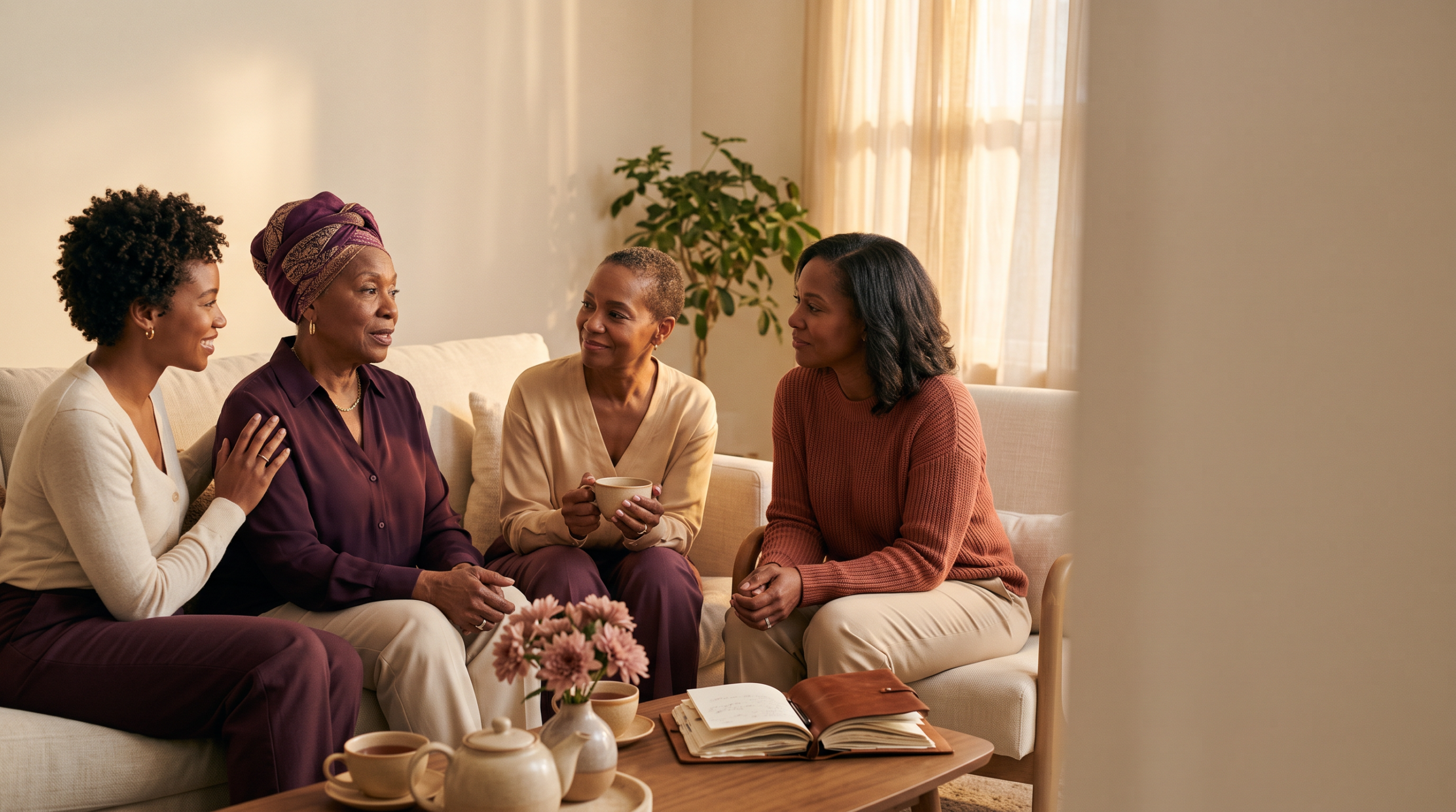 Women sharing tea and quiet conversation in a sunlit room